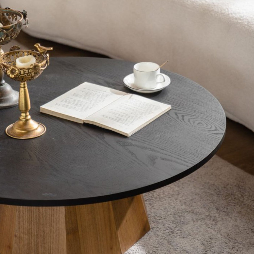 English Elm Round Coffee Table With Stylish Cedar-Bark Veneer - Modern Rustic Pedestal Design For Living Rooms W3081S00006-GIGA