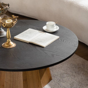 English Elm Round Coffee Table With Stylish Cedar-Bark Veneer - Modern Rustic Pedestal Design For Living Rooms W3081S00006-GIGA