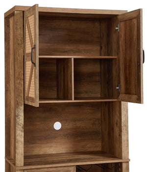 English Elm 76-Inch Rustic Oak Wine Cabinet with 12 Compartments, 3D Faux Rattan Doors, Glass Holders & Shelves W2702P183964