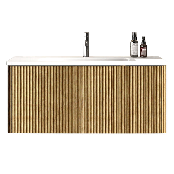 English Elm U088-Etna36W-306 Striped Natural Oak Floating Vanity with Glossy White Integrated Sink, Push-Open Drawer, Curved Safety Edges W1865P293618