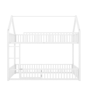 English Elm Metal Twin over Twin House Bunk Bed with Playful Roof, Sturdy Metal Frame, Quiet Support for Kids White N709P214091K