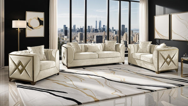 English Elm Velencia 3-Piece Modern Living Room Set In Cream - Elegant Tufting & Gold "X" Accents For Glamour B009S01091-GIGA
