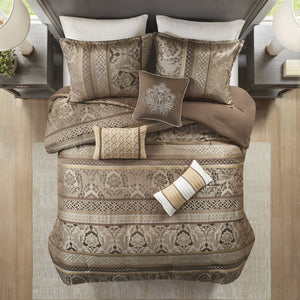 English Elm 7 Piece Jacquard Comforter Set In Rich Brown And Gold – Plush Textures, Decorative Pillows, Queen Size B03597000