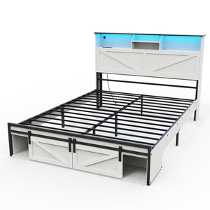 English Elm Farmhouse Queen Size Bed Frame With Integrated Storage, Usb Charging, Rgb Led Lights & Charming White Finish W1550P343690