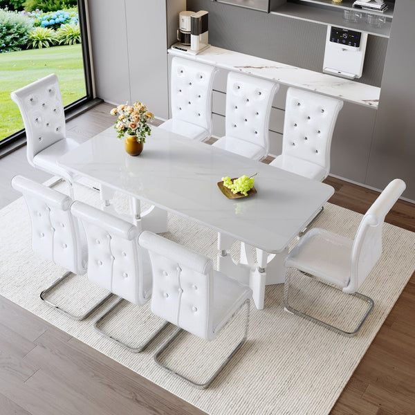 English Elm Modern 9 Piece Glam Dining Set Faux Marble Table Tufted Pvc Chairs Seats Eight W3875S00081