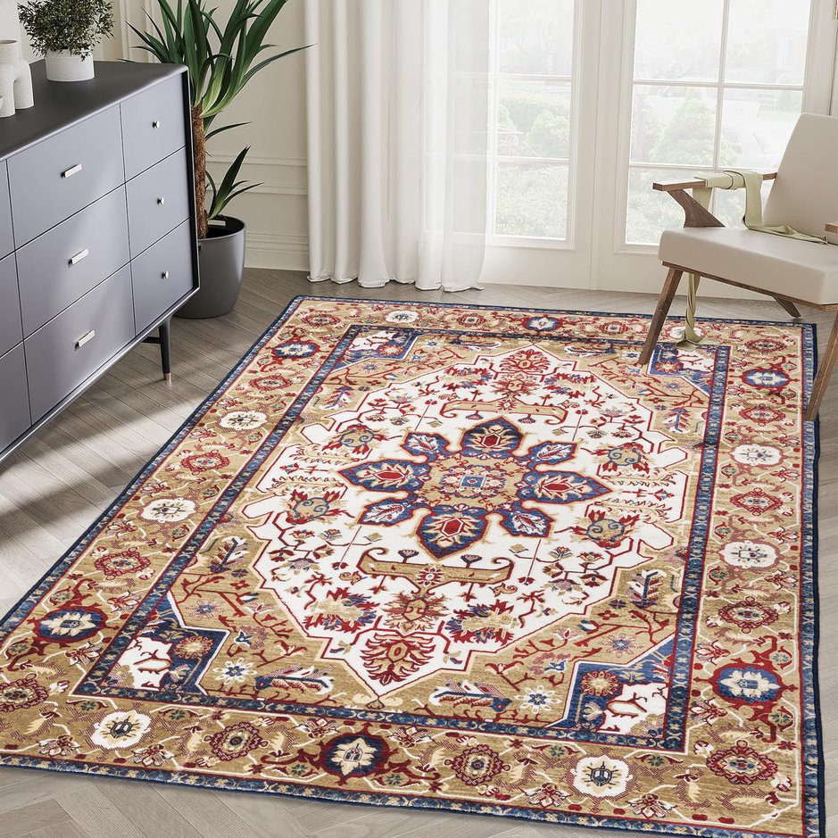 English Elm Area Rug 5X7 Vintage Bohemia Floral Design In Blue/Gold - Non-Slip, Washable, Perfect For Home Décor W2907P265031