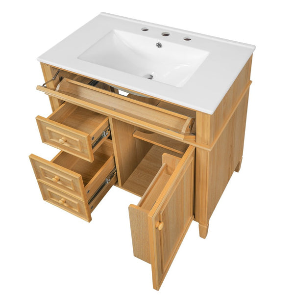 English Elm 30" Pine Wood Bathroom Vanity with Ceramic Sink Soft Close Drawers and Vintage Knobs N725P375498N