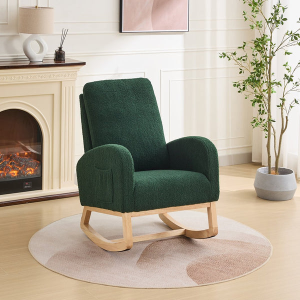 English Elm 27.2"W Rocking Chair Sherpa Glider with High Back and Side Pocket, Cozy Foam Seat, Rubber Wood Legs Green W3188P304605