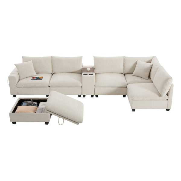 English Elm 139'' U-shaped Corduroy Sectional with Ottoman Console Usb Port and Cup Holders for Living Beige N723S1166A