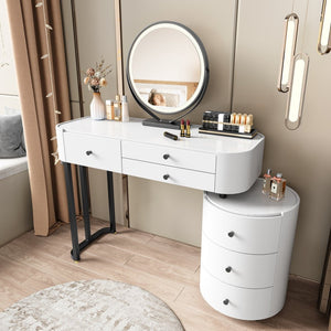 English Elm Modern Minimalist Vanity with Lighted Mirror Three Drawers and Cylindrical Side Cabinet W3767S00005