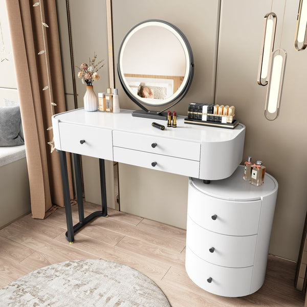 English Elm Modern Minimalist Vanity with Lighted Mirror Three Drawers and Cylindrical Side Cabinet W3767S00005