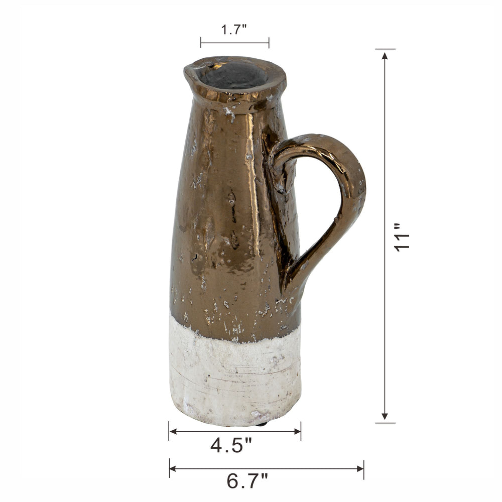 English Elm 7" Candia Terracotta Pitcher with Two-Tone Sienna Brown Glaze, Tall Metallic Shine for Rustic Decor W2078131620