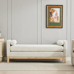 English Elm 66.34"W Elegant Upholstered Bench With Natural Wood Legs & 2 Bolster Pillows For Stylish Seating W3188S00018