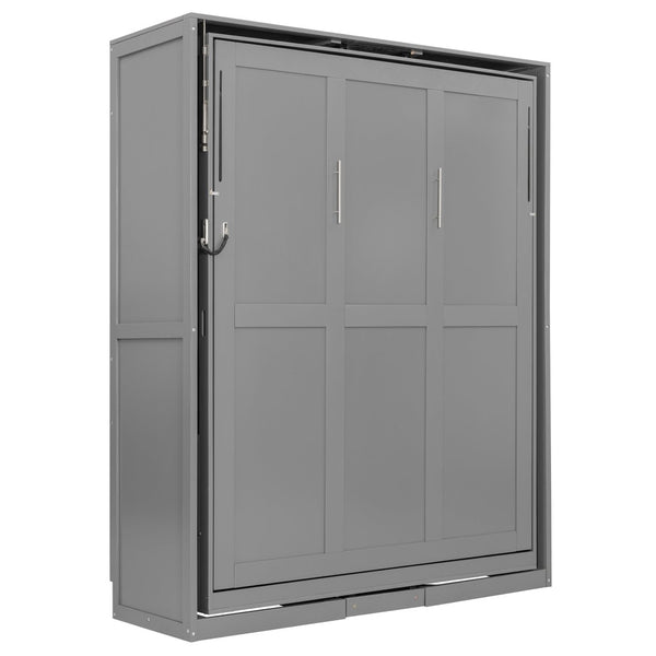 English Elm Rotating Queen Murphy Wall Bed with 14 Open Shelves Hydraulic Lift Space Saving Gray LP000962AAE
