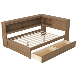 English Elm Full Pine Platform Daybed with Led Lighting Usb Charging Headboard Shelf and Drawers Wood N7090004032D