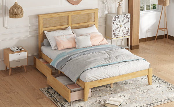 English Elm Full Full Size Bed with Rattan Headboard and Two Underbed Storage Drawers, Rubberwood Slat Support White Oak W504P269606
