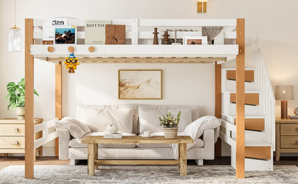 English Elm Twin Pine Wood Loft Bed with Built-in Shelving and Hook for Kids Bedroom W5305S00011