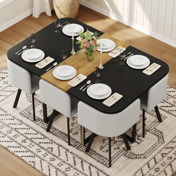 English Elm 7 Piece Modern Dining Set Six Gray Pu Chairs Two Tone Wood Metal Table for Apartments W3875S00102