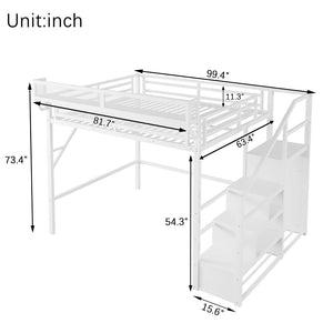 English Elm Queen Metal Loft Bed with Wardrobe Stairs and Mesh Shelves for Teen Bedroom W2580S00057