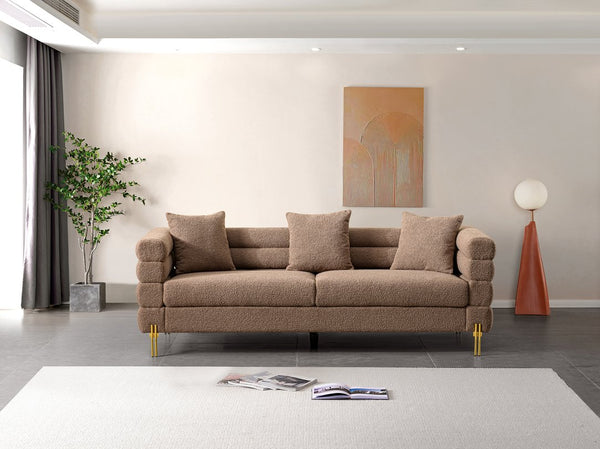 English Elm Luxurious three-seat upholstered sofa with golden legs and plush pillows, modern chic design for living rooms Brown B205S00074