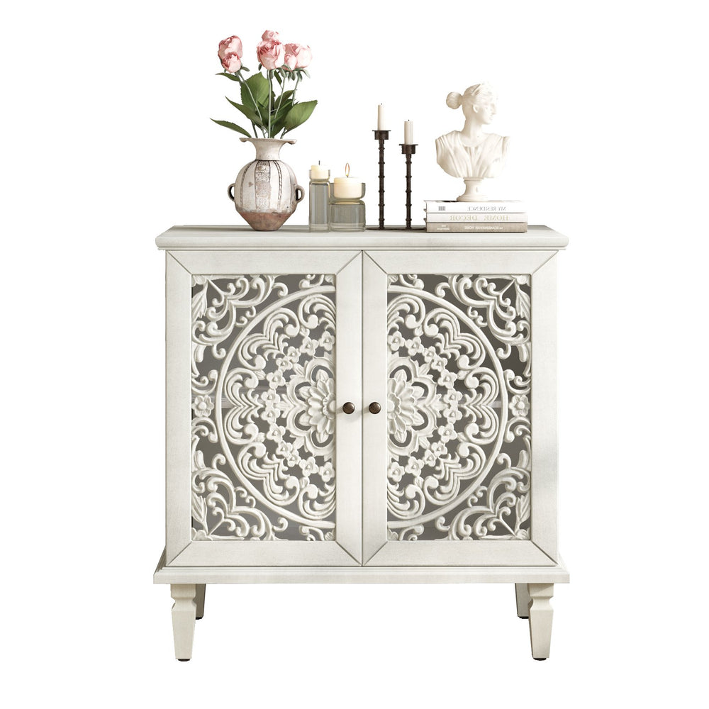 English Elm Vintage Hollow-Carved Accent Cabinet with Floral Motif, 2-Door Sideboard, Adjustable Shelf, Solid Wood Legs Antique White W1445P384722
