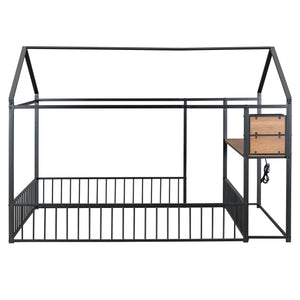 English Elm Full Size Metal House Bed Frame with Desk, Shelves, USB Power Ports & Playful Roof for Kids Room Delight Black N737P173491B