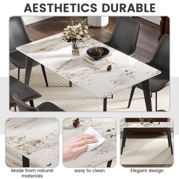 English Elm 55.12" Modern Artificial Stone Dining Table With Dark Grey Metal Legs - Seats 6, Minimalist Style W1535S00520