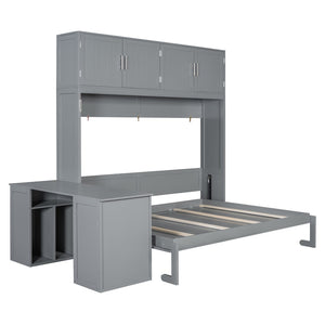 English Elm Queen Size Wall Murphy Bed With Desk, Storage Cabinets & Hydraulic Lift – Elegant Gray Design N820S10034E-GIGA