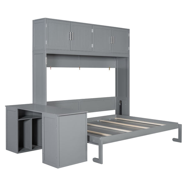 English Elm Queen Size Wall Murphy Bed With Desk, Storage Cabinets & Hydraulic Lift – Elegant Gray Design N820S10034E-GIGA