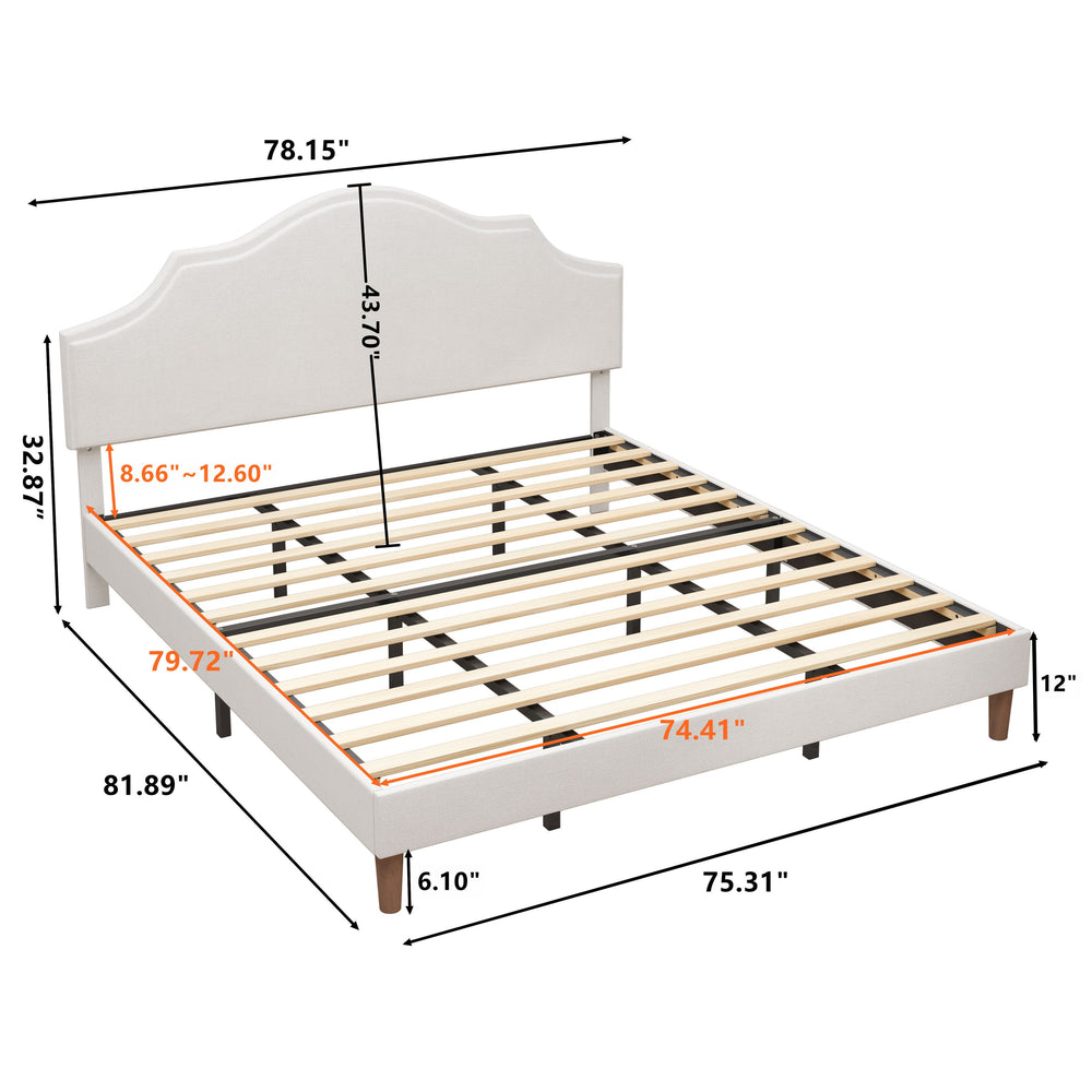English Elm King Upholstered Platform Bed King Size Linen Fabric Padded Frame, Adjustable Headboard 32.9–37" White W1716P371759