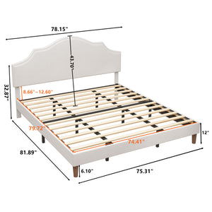 English Elm King Upholstered Platform Bed King Size Linen Fabric Padded Frame, Adjustable Headboard 32.9–37" White W1716P371759