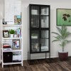 English Elm Stylish 4-Door Tempered Glass Cabinet With 4 Glass Doors Adjustable Shelves U-Shaped Leg Anti-Tip Dust-Free Fluted Glass Kitchen Credenza Black