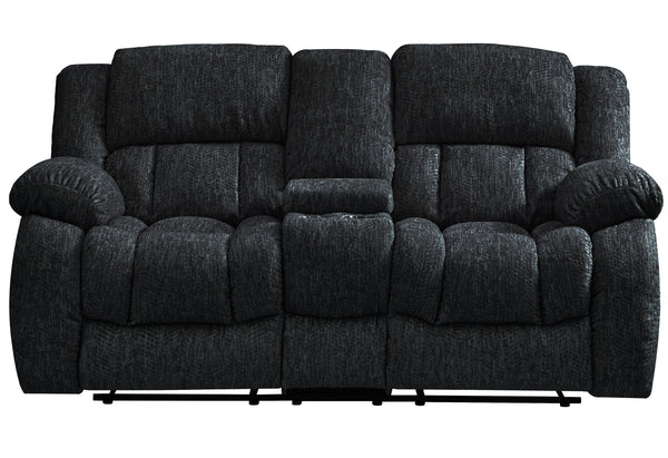 English Elm STONIC Ebony Console Reclining Loveseat — Black Fabric, Modern Plush Cushioning, Manual Motion Comfort B201P216009