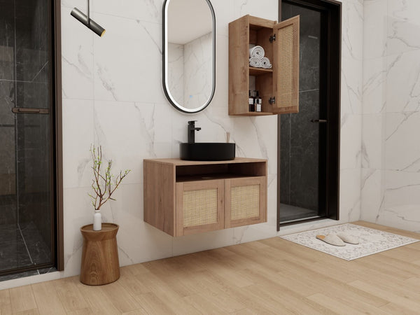 English Elm 30" Floating Bathroom Vanity Set with Ceramic Vessel Sink and Rattan Side Cabinet W999S00496