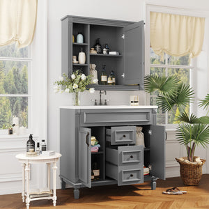 English Elm 36'' Bathroom Vanity with Sink and Mirror Cabinet, Modern MDF & Solid Wood Design, Ceramic Top, Soft-Close Doors Grey SW000115AAE-1
