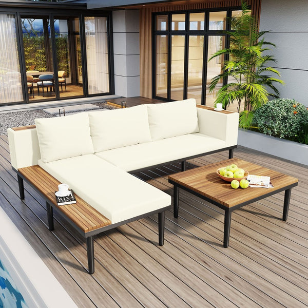 English Elm <old Sku Acacia Wood Outdoor Sectional Sofa with Chaise Coffee and Side Table Included Beige N704F201251A