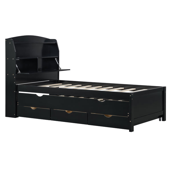 English Elm Twin LED Platform Bed with Trundle and Under-Storage Drawers, Flip-Up Headboard, USB Ports Espresso N820S10008D