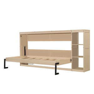 English Elm Twin Space-Saving Murphy Bed with Bookshelf and Fold-Down Desk, LVL/MDF, Compact Modern Design Natural GX002221AAN