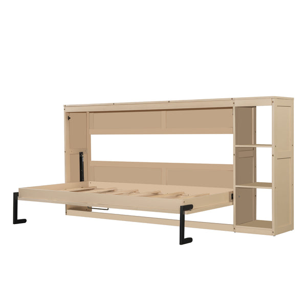 English Elm Twin Space-Saving Murphy Bed with Bookshelf and Fold-Down Desk, LVL/MDF, Compact Modern Design Natural GX002221AAN