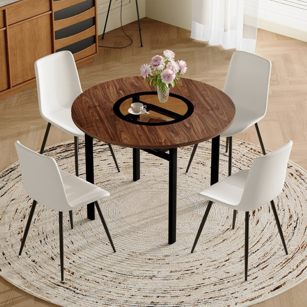 English Elm Table and Chair Set 42 Inch Round Wood Grain Dining with 4 Linen Cushioned Seats Brown+Black,White W1151S04487