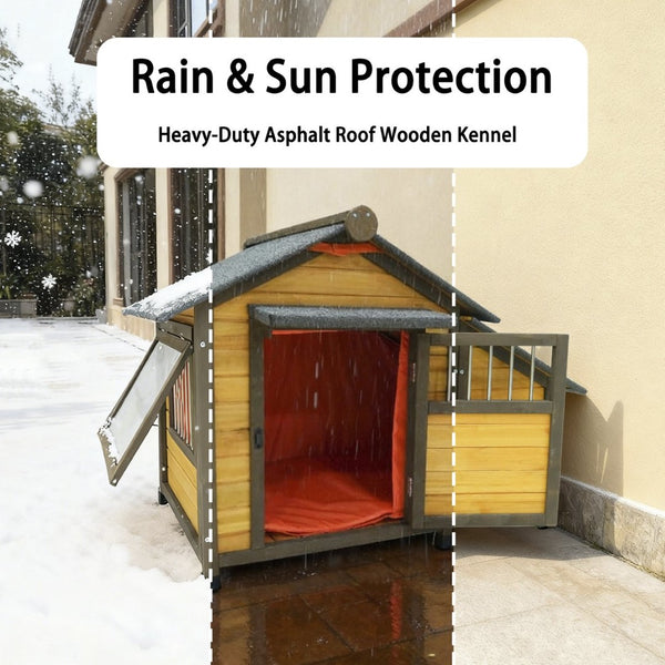 English Elm 50" Solid Wood Outdoor Dog Kennel Insulated Shelter with Shingled Roof for Small Breeds W1431P421934