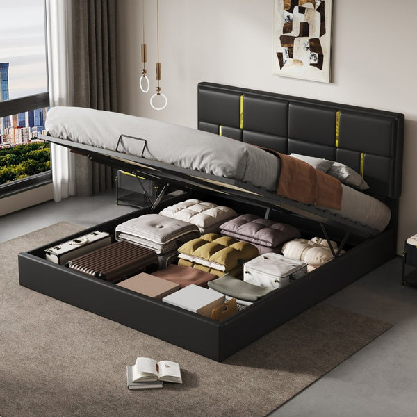 English Elm Queen Upholstered Storage Bed Gas Lift Platform with Gold Trim Pu Headboard N733S362241B