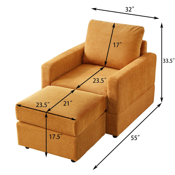 English Elm Classic Corduroy Chaise Lounge with Removable Backrest and Plush Ottoman, Stylish Living Room Seat Yellow W2186S00006