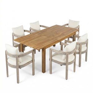 English Elm 7 Piece Solid Acacia Hardwood Extendable Outdoor Dining Set with Cream Cushioned Chairs Light White,Teak 60322.00_N762P380633K6