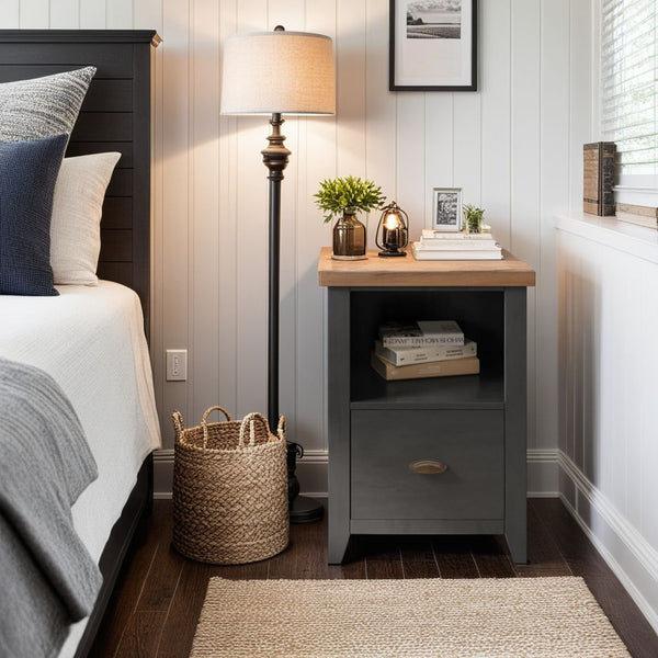 English Elm 22 22 inch One-Drawer File Cabinet in Black & Whiskey Finish — Farmhouse Poplar, Fully Assembled, Oil-Rubbed Bronze Hardware, Versatile Storage B108P160153