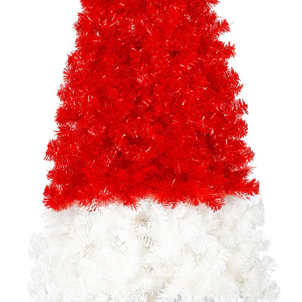 English Elm 6FT LED Santa Hat Christmas Tree, 1050 Tips Red & White PET Curved Design, 300 White Lights, UV Resistant Indoor PX283442AAF