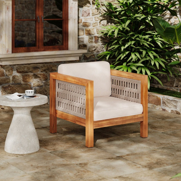 English Elm Acacia Wood Outdoor Lounge Chair with Wicker Arms Teak Finish Patio Seating N779P359687B