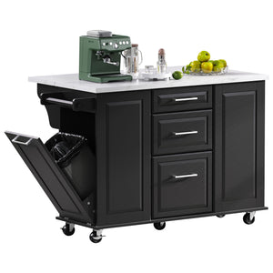 English Elm K&K Vintage Convex Kitchen Island Cart with Faux Marble Top, Tilt Trash, Pull-Out Organizer, Wheels Black N707P299008B