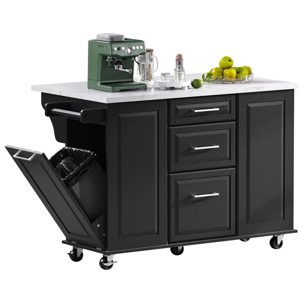 English Elm K&K Vintage Convex Kitchen Island Cart with Faux Marble Top, Tilt Trash, Pull-Out Organizer, Wheels Black N707P299008B