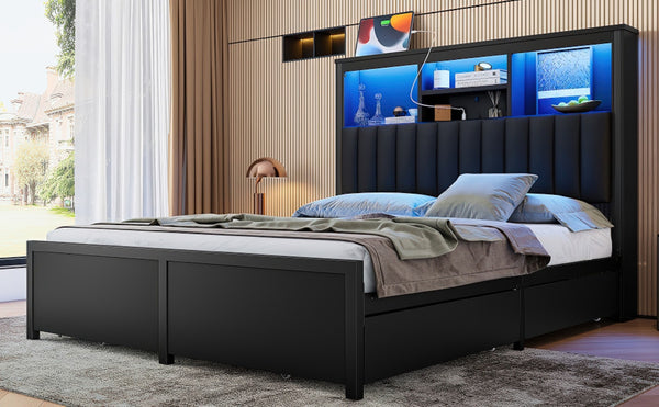English Elm Queen Storage Bed Frame with Led Lighting Charging Station and Four Under Drawers W1670S00030